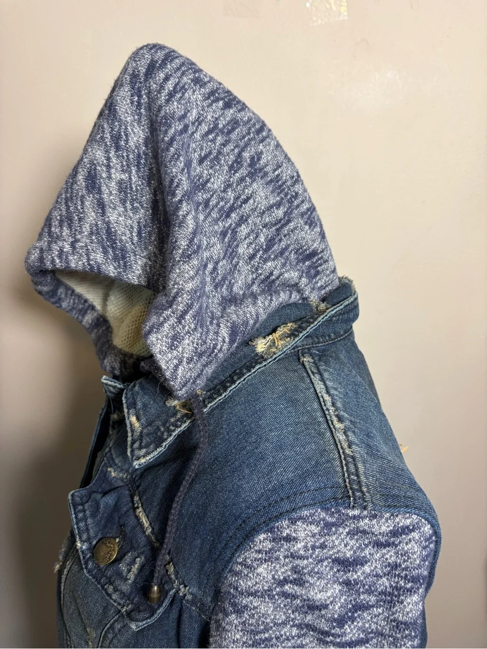 Free People Distressed Denim Jean Jacket W/ Knit Sleeves & Hood